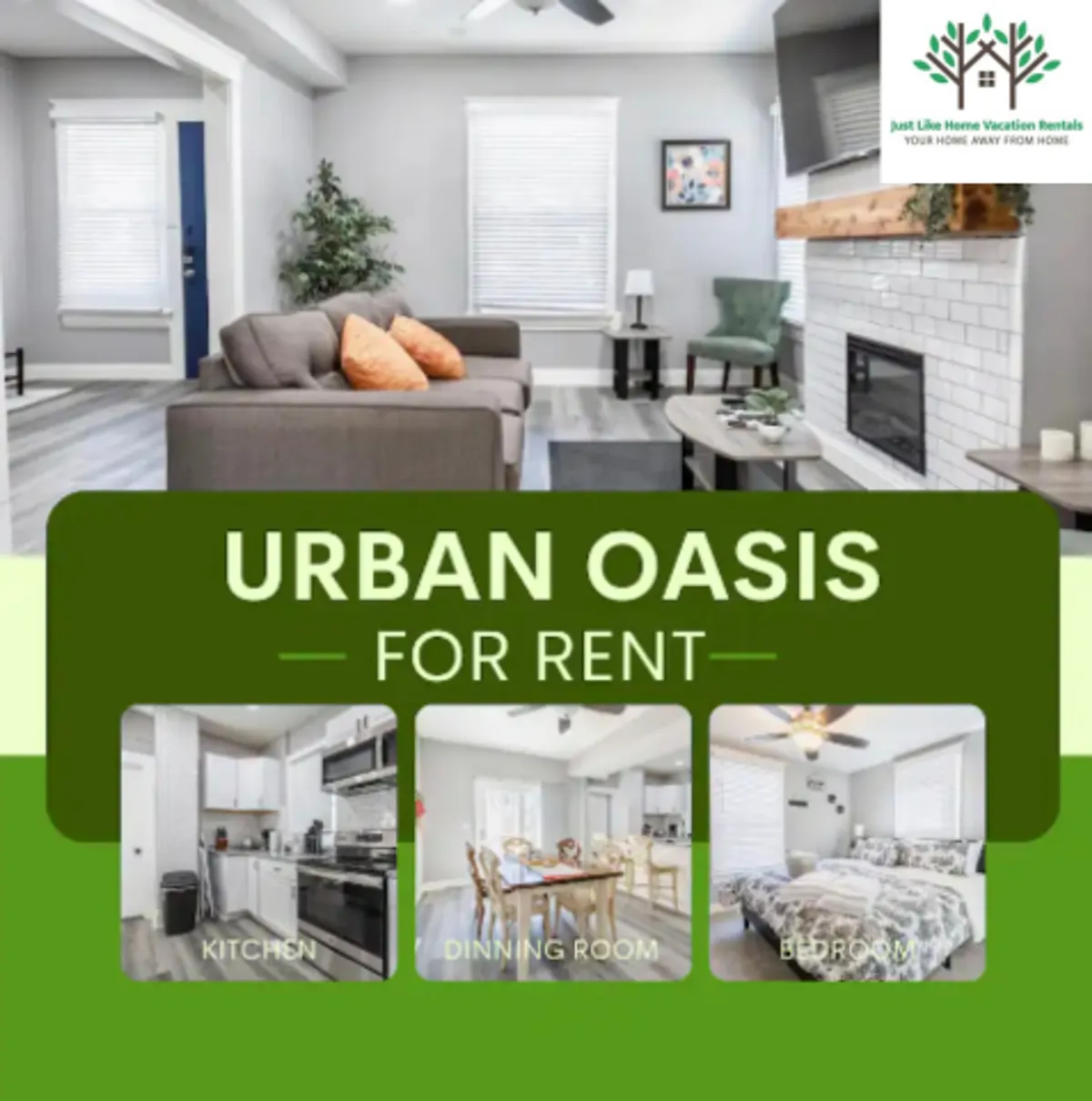 The image features a spacious, inviting living area with a plush comfortable sofa, a warm fireplace, a stylish dining table set for meals, modern kitchen appliances in view, and thoughtful decorative wall art that adds charm and character to the space. The setting is designed for relaxation, socializing, and enjoying cozy gatherings.